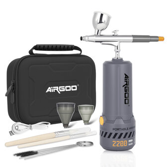 Airgoo draagbare, draadloze, oplaadbare airbrushcompressorset MK430(215) met reinigingsborstels voor modelbouw, taartdecoratie, make-up en andere algemene airbrush-toepassingen.