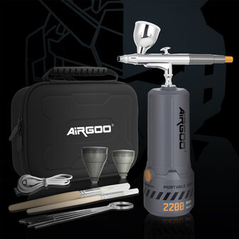 Airgoo draagbare, draadloze, oplaadbare airbrushcompressorset MK430(215) met reinigingsborstels voor modelbouw, taartdecoratie, make-up en andere algemene airbrush-toepassingen.