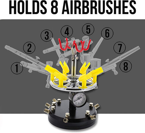 Fengda 6-Station Airbrush Holder with Regulated Air Manifold That Can Hold Up to 8 Airbrushes