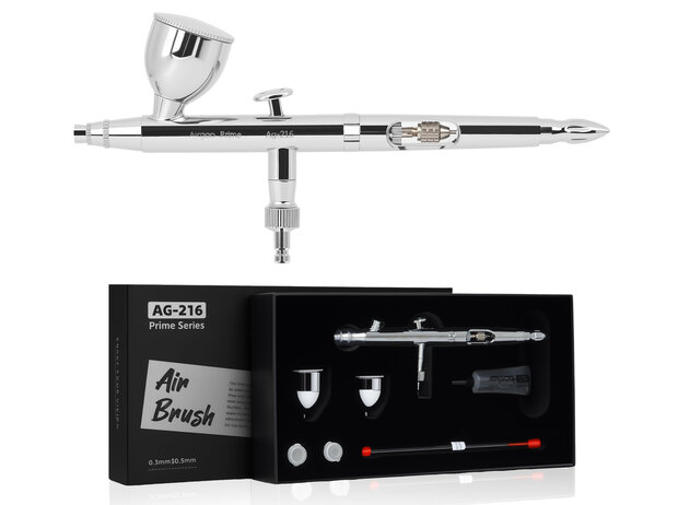Airgoo Premium dubbelwerkende airbrush AG-216 met nieuw ontworpen zelfcentrerende sproeiers.
