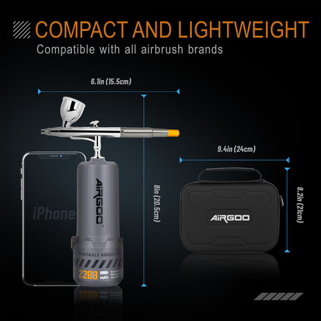 Airgoo draagbare, draadloze, oplaadbare airbrushcompressorset MK430(215) met reinigingsborstels voor modelbouw, taartdecoratie, make-up en andere algemene airbrush-toepassingen.