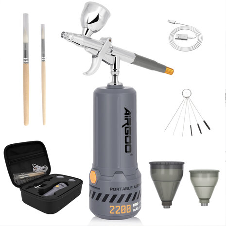 Airgoo draagbare, draadloze, oplaadbare airbrushcompressorset MK430(116E) met reinigingsborstels voor modelbouw, taartdecoratie, make-up en andere algemene airbrush-toepassingen.