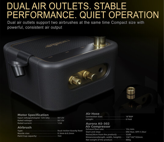 Airgoo Premium draagbare airbrushset met compressor AS-302 inclusief luchtslang voor hobby, modelbouw, taartdecoratie, make-up en diverse andere airbrush-toepassingen